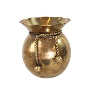 Vintage Hammered Polished Brass Planter with Rope Detail Vase Urn Bucket